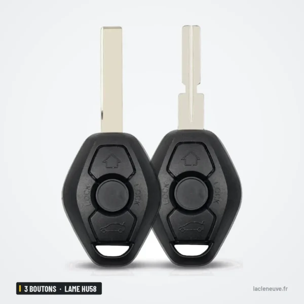 Coque de clé 3 boutons pour BMW Série 3, Série 5, X5, lame HU58 ou HU92 - deux clés droites côte à côte, lame intégrée
