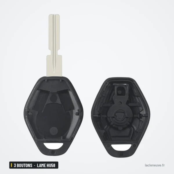 Coque de clé 3 boutons pour BMW Série 3, Série 5, X5, lame HU58 ou HU92 - coque ouverte, deux moitiés vues de l'intérieur