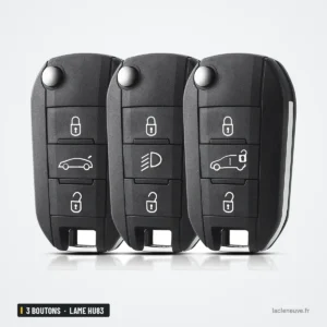 Coque de clé 3 boutons pour Citroën C3, C4, Peugeot 208, 308, lame HU83 ou VA2 - trois clés identiques côte à côte