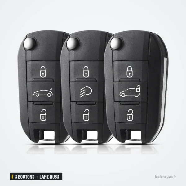 Coque de clé 3 boutons pour Citroën C3, C4, Peugeot 208, 308, lame HU83 ou VA2 - trois clés identiques côte à côte