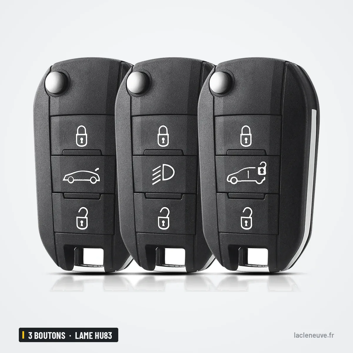 Coque de clé 3 boutons pour Citroën C3, C4, Peugeot 208, 308, lame HU83 ou VA2 - trois clés identiques côte à côte Coque de clé 3 boutons pour Citroën C3, C4, Peugeot 208, 308, lame HU83 ou VA2 - trois clés identiques côte à côte