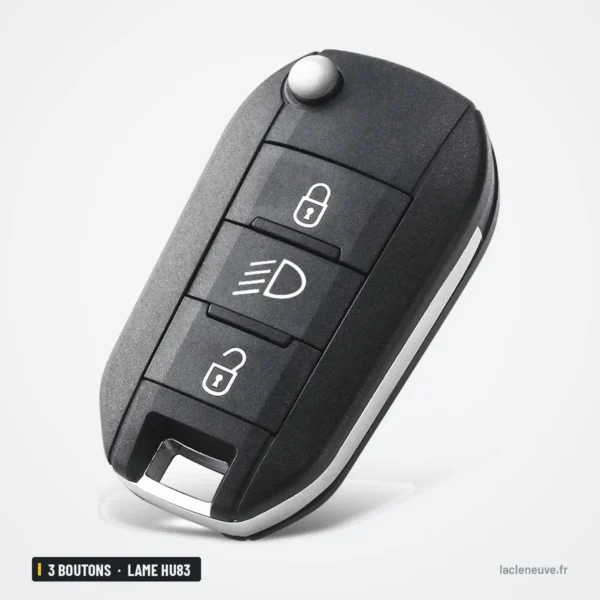 Coque de clé 3 boutons pour Citroën C3, C4, Peugeot 208, 308, lame HU83 ou VA2 - vue de face, boutons verticaux alignés
