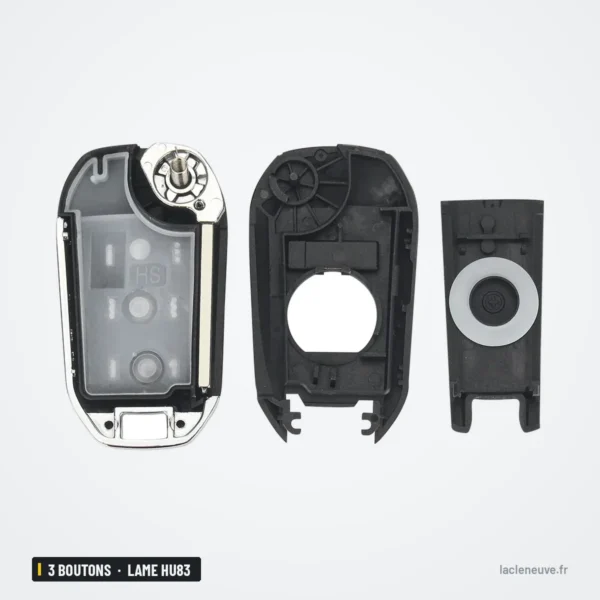 Coque de clé 3 boutons pour Citroën C3, C4, Peugeot 208, 308, lame HU83 ou VA2 - coque démontée en trois éléments séparés