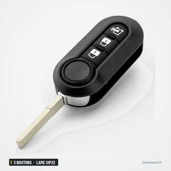 Coque de clé 3 boutons pour Fiat 500, Panda, Ducato, Peugeot Boxer, lame SIP22 - vue de profil avec lame dépliée