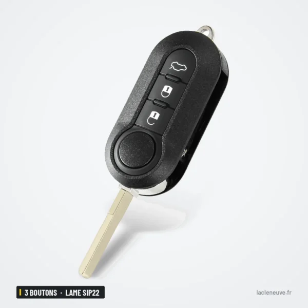 Coque de clé 3 boutons pour Fiat 500, Panda, Ducato, Peugeot Boxer, lame SIP22 - clé pliée, lame repliée
