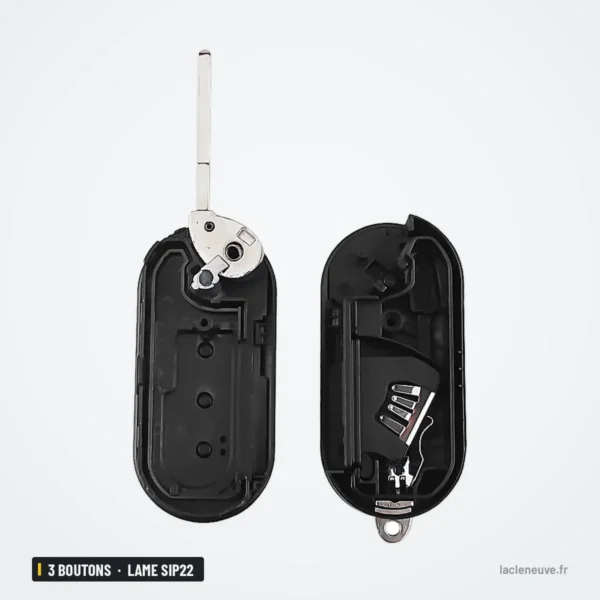 Coque de clé 3 boutons pour Fiat 500, Panda, Ducato, Peugeot Boxer, lame SIP22 - boîtier ouvert, circuit et antenne visibles
