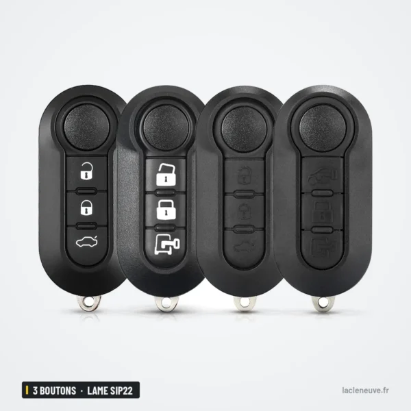 Coque de clé 3 boutons pour Fiat 500, Panda, Punto, Bravo, lame SIP22 - quatre coques alignées, variantes de boutons