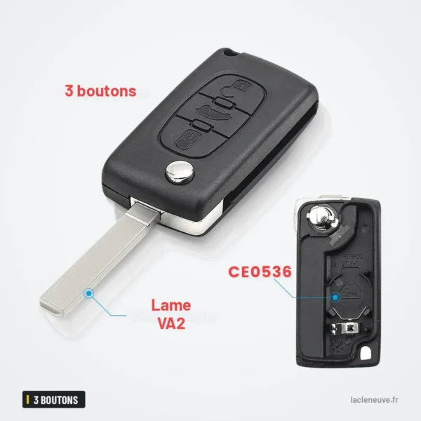 Coque de clé 3 boutons pour Fiat Scudo, Peugeot, Citroën Berlingo, HU83/VA2 - clé dépliée avec lame, coque séparée à côté