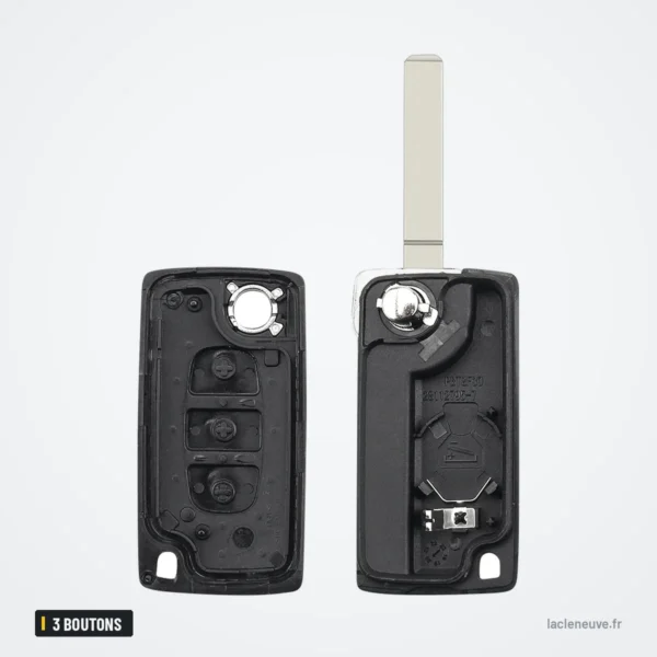 Coque de clé 3 boutons pour Fiat Scudo, Peugeot, Citroën Berlingo, HU83/VA2 - coque arrière ouverte, pile ronde visible