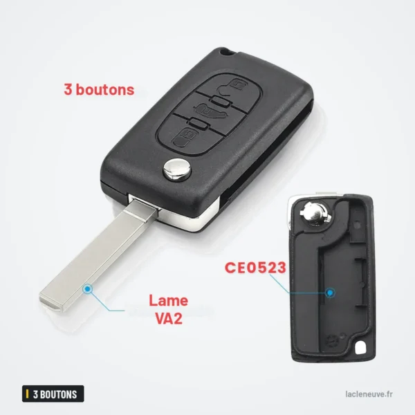 Coque de clé 3 boutons pour Fiat Scudo, Peugeot, Citroën Berlingo, HU83/VA2 - clé dépliée avec lame, autre coque séparée
