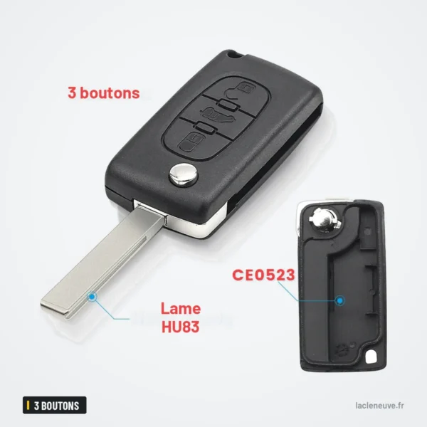 Coque de clé 3 boutons pour Fiat Scudo, Peugeot, Citroën Berlingo, HU83/VA2 - clé dépliée avec lame, dernière coque séparée