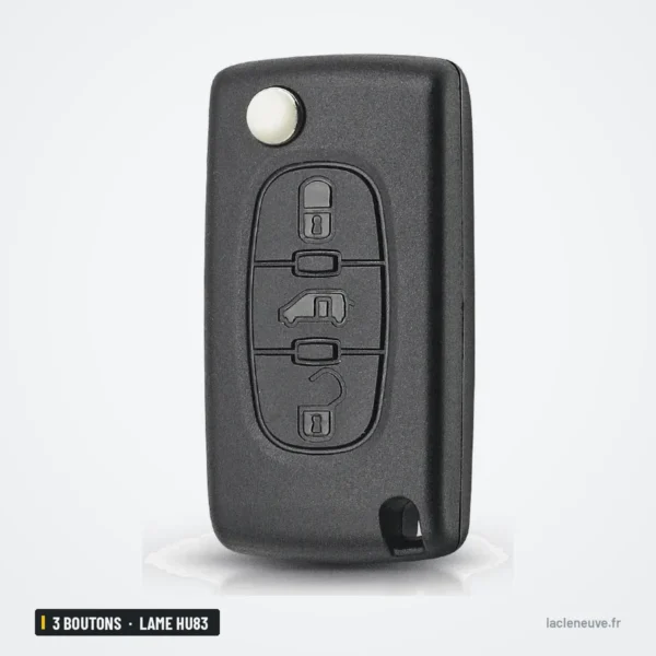 Coque de clé 3 boutons pour Fiat Scudo, Peugeot Partner, lame HU83 ou VA2 - coque fermée avec lame intégrée, vue de face