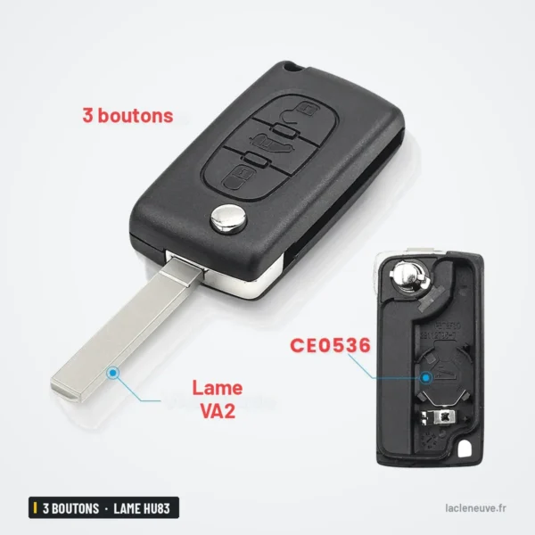 Coque de clé 3 boutons pour Fiat Scudo, Peugeot Partner, lame HU83 ou VA2 - vue de face, lame plate insérée en dessous