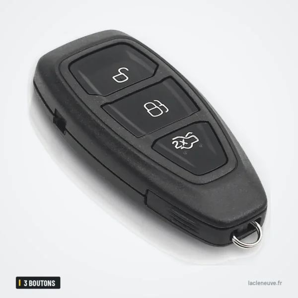 Coque de clé 3 boutons pour Ford Focus, C-Max, Mondeo, Kuga - vue de trois quarts, boutons visibles