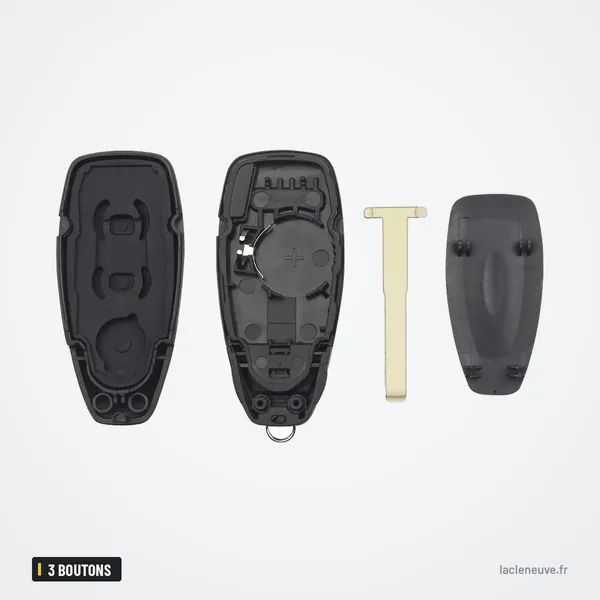 Coque de clé 3 boutons pour Ford Focus, C-Max, Mondeo, Kuga - coque démontée avec lame et pince de pile