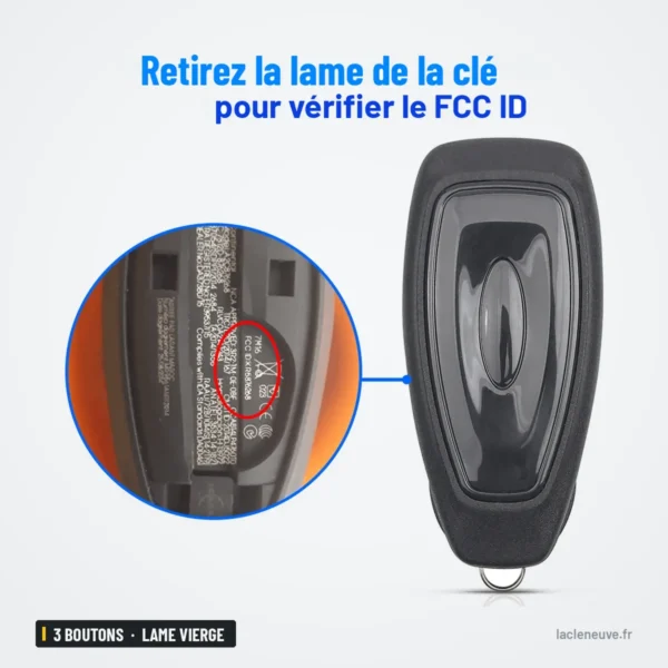 Coque de clé 3 boutons pour Ford Focus, Fiesta, C-Max, Mondeo, lame vierge - détail zoomé de la lame, dos de coque