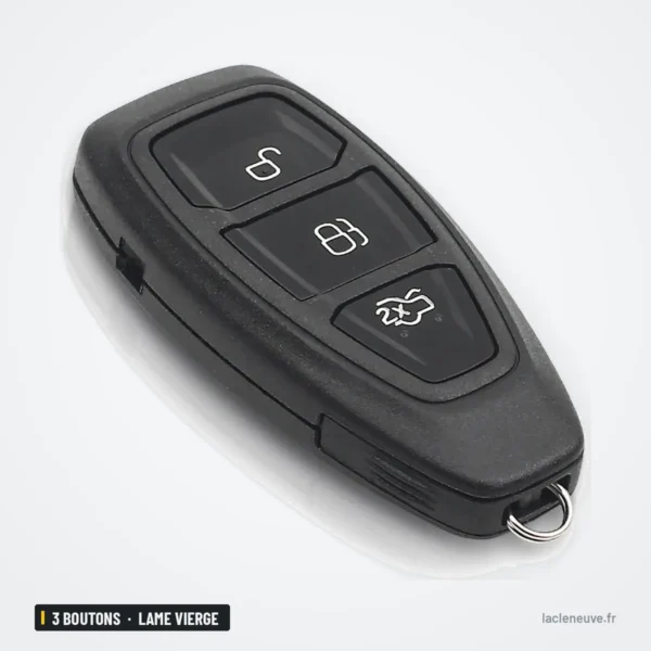 Coque de clé 3 boutons pour Ford Focus, Fiesta, C-Max, Mondeo, lame vierge - vue de trois quarts, boutons visibles