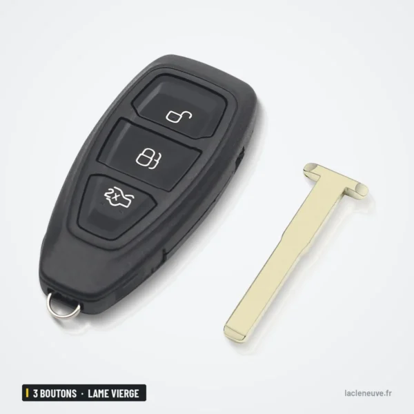 Coque de clé 3 boutons pour Ford Focus, Fiesta, C-Max, Mondeo, lame vierge - coque avec lame détachée posée à côté