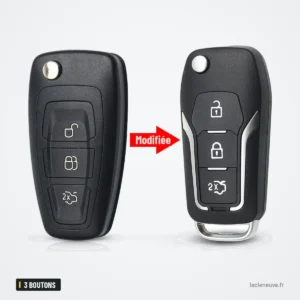 Coque de clé 3 boutons pour Ford Focus, Fiesta, Mondeo, Transit - deux clés comparées, avant et après transformation Coque de clé 3 boutons pour Ford Focus, Fiesta, Mondeo, Transit - deux clés comparées, avant et après transformation