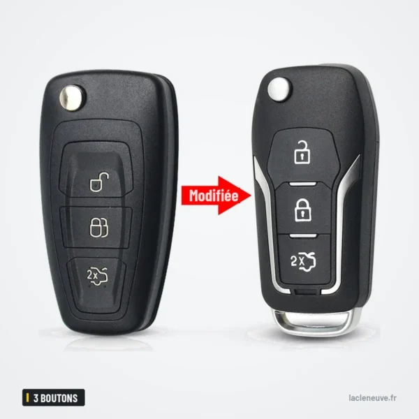 Coque de clé 3 boutons pour Ford Focus, Fiesta, Mondeo, Transit - deux clés comparées, avant et après transformation