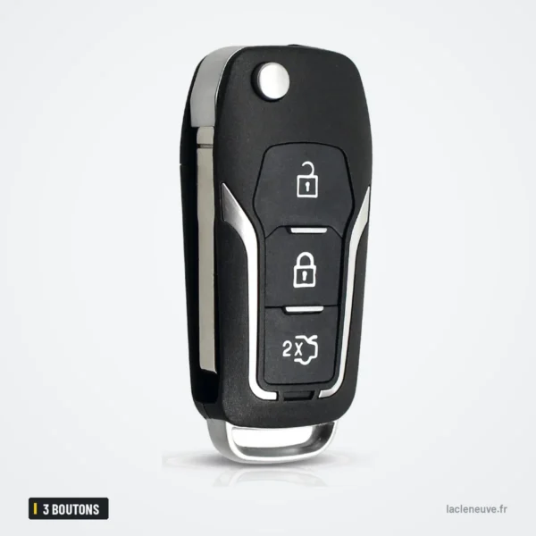 Coque de clé 3 boutons pour Ford Focus, Fiesta, Mondeo, Transit, lame incluse - vue de face, pliée, boutons visibles