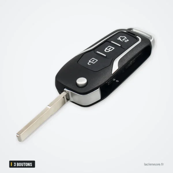 Coque de clé 3 boutons pour Ford Focus, Fiesta, Mondeo, Transit, lame incluse - vue de trois quarts, lame déployée