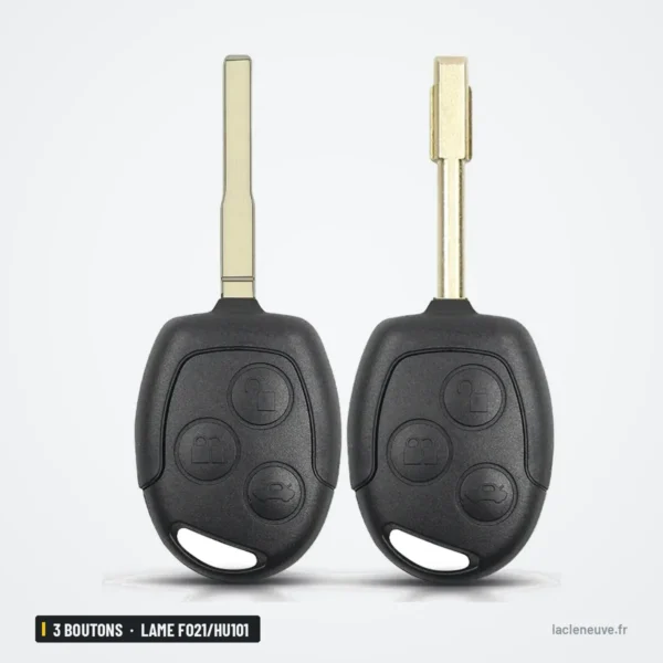 Coque de clé 3 boutons pour Ford Focus, Mondeo, Fiesta, lame FO21/HU101 - deux clés à lame posées côte à côte