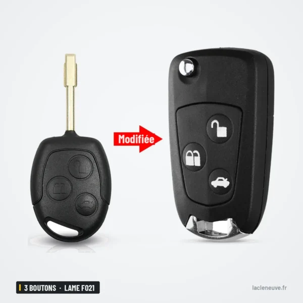 Coque de clé 3 boutons pour Ford Focus, Mondeo, Fiesta, lame FO21 ou HU101 - télécommande ovale transformée en clé pliante