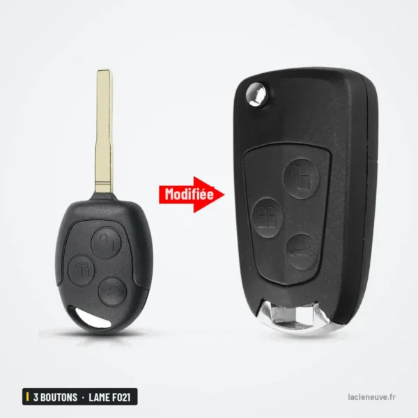 Coque de clé 3 boutons pour Ford Focus, Mondeo, Fiesta - clé droite à trois boutons transformée en pliante