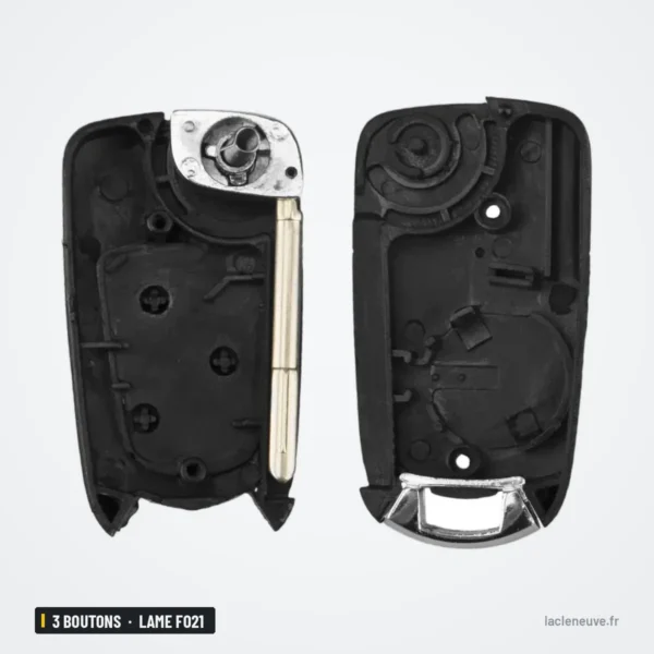 Coque de clé 3 boutons pour Ford Focus, Mondeo, Fiesta, lame FO21 ou HU101 - coque ouverte avec mécanisme et lame visibles