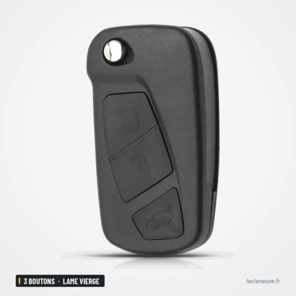 Coque de clé 3 boutons pour Ford Ka (2008-2016), lame vierge 4 cm - vue de face légèrement inclinée