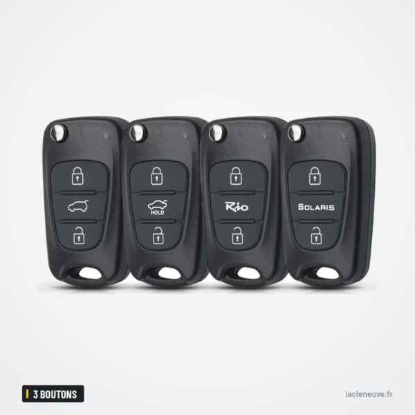 Coque de clé 3 boutons pour Kia Rio, Ceed, Sportage, Hyundai i30 - quatre coques différentes alignées côte à côte