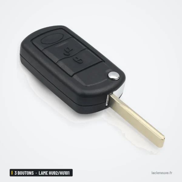 Coque de clé 3 boutons pour Land Rover Range Rover, LR3, lame HU92/HU101 - coque pliante vue de trois quarts, lame sortie