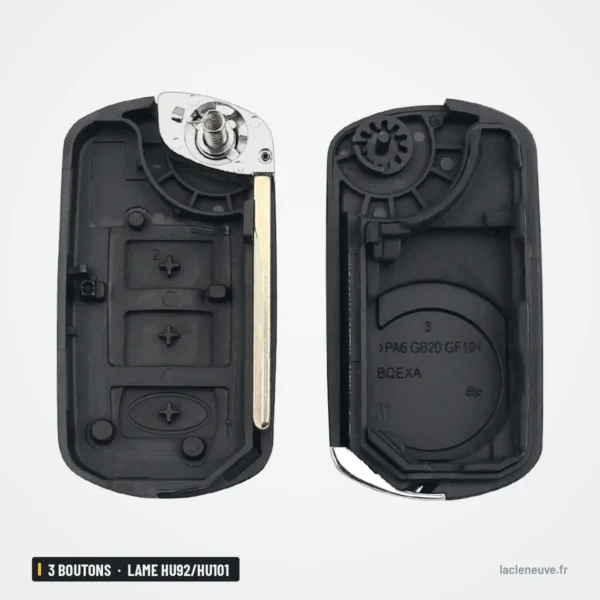Coque de clé 3 boutons pour Land Rover Range Rover, LR3, lame HU92/HU101 - coque ouverte montrant barillet et mécanisme