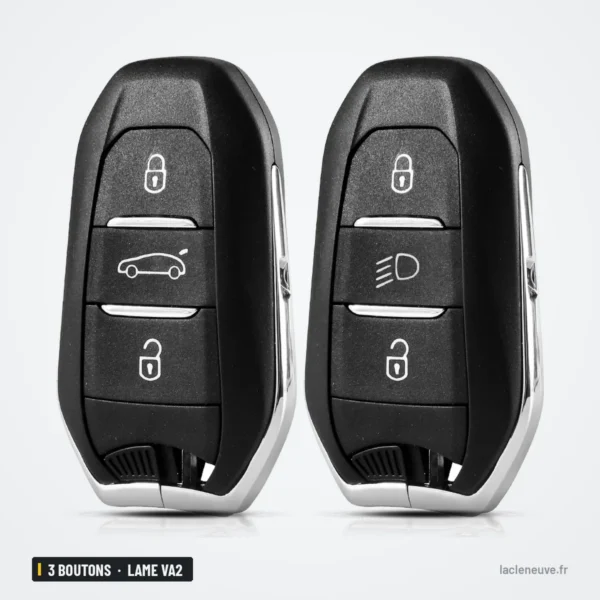 Coque de clé 3 boutons pour Peugeot 308, 3008, Citroën C4, lame VA2 ou HU83 - deux télécommandes identiques côte à côte