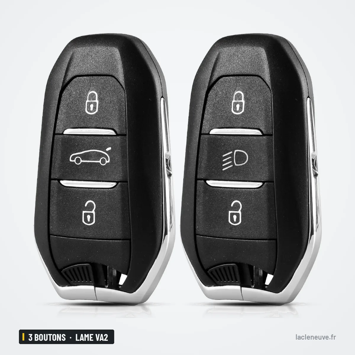 Coque de clé 3 boutons pour Peugeot 308, 3008, Citroën C4, lame VA2 ou HU83 - deux télécommandes identiques côte à côte Coque de clé 3 boutons pour Peugeot 308, 3008, Citroën C4, lame VA2 ou HU83 - deux télécommandes identiques côte à côte