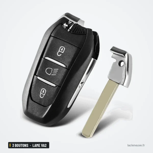 Coque de clé 3 boutons pour Peugeot 308, 3008, Citroën C4, lame VA2 ou HU83 - lame à côté de la télécommande, vue de face