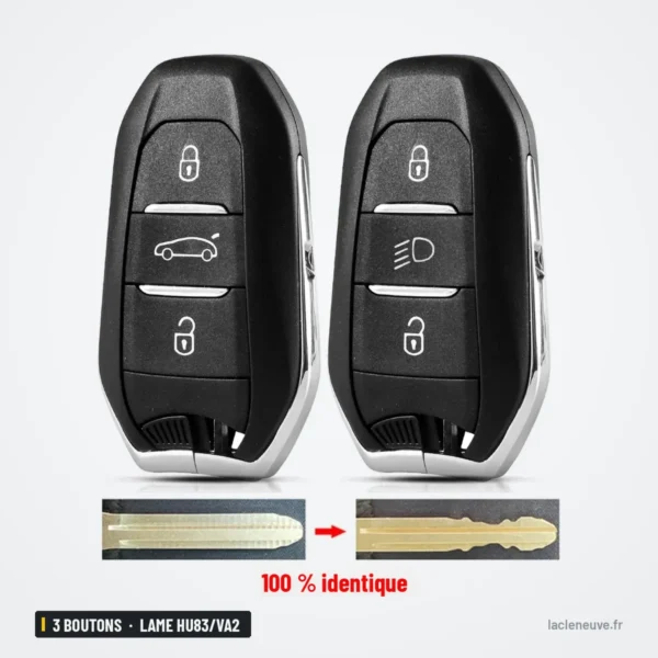 Coque de clé 3 boutons pour Peugeot 308, 508, Citroën C3, C4, lame HU83/VA2 - deux coques identiques avec lame comparée