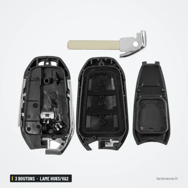 Coque de clé 3 boutons pour Peugeot 308, 508, Citroën C3, C4, lame HU83/VA2 - pièces détachées, lame vierge au-dessus