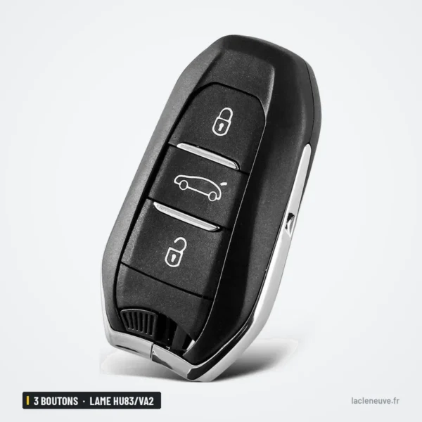Coque de clé 3 boutons pour Peugeot 308, 508, Citroën C3, C4, lame HU83/VA2 - vue de face, trois boutons alignés