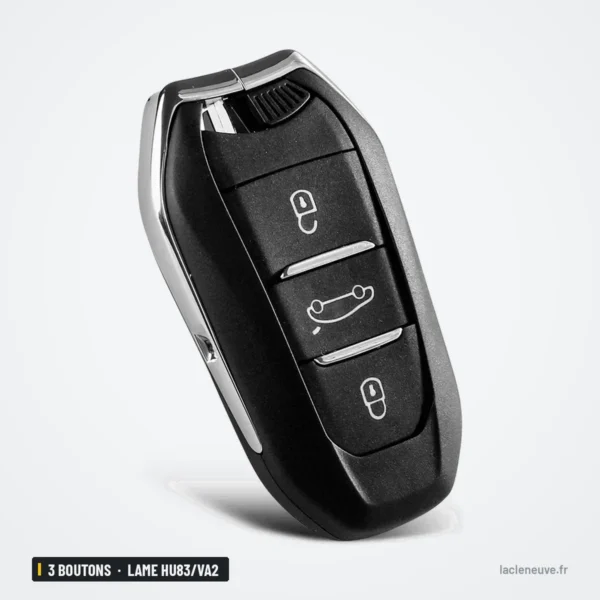 Coque de clé 3 boutons pour Peugeot 308, 508, Citroën C3, C4, lame HU83/VA2 - vue de trois quarts, tranche chromée