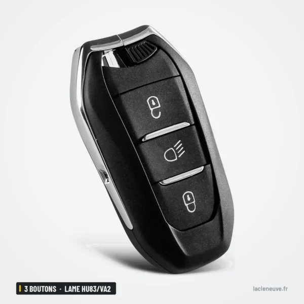 Coque de clé 3 boutons pour Peugeot 308, 508, Citroën C3, C4, lame HU83/VA2 - vue de profil, bords arrondis