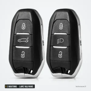 Coque de clé 3 boutons pour Peugeot 308, 508, Citroën C3, C4, lame VA2/HU83 - deux coques identiques côte à côte, vue de face