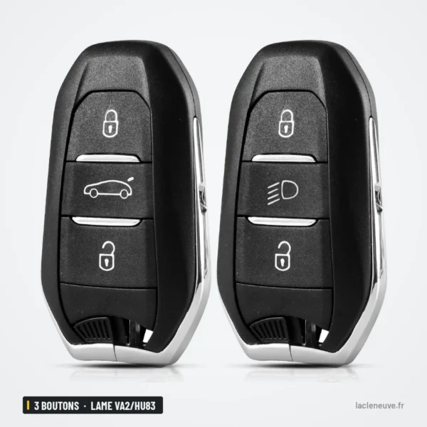 Coque de clé 3 boutons pour Peugeot 308, 508, Citroën C3, C4, lame VA2/HU83 - deux coques identiques côte à côte, vue de face