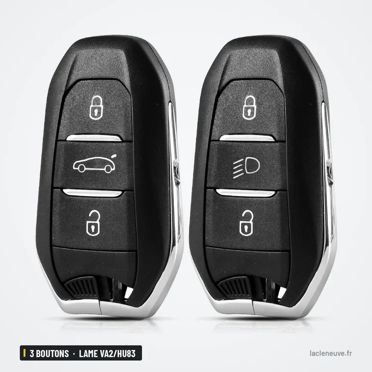 Coque de clé 3 boutons pour Peugeot 308, 508, Citroën C3, C4, lame VA2/HU83 - deux coques identiques côte à côte, vue de face