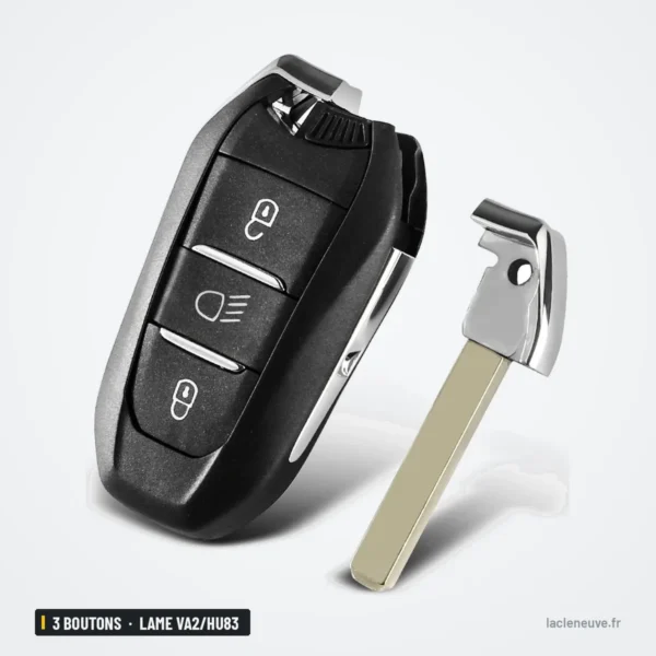 Coque de clé 3 boutons pour Peugeot 308, 508, Citroën C3, C4, lame VA2/HU83 - coque avec lame dépliée à côté, vue de profil