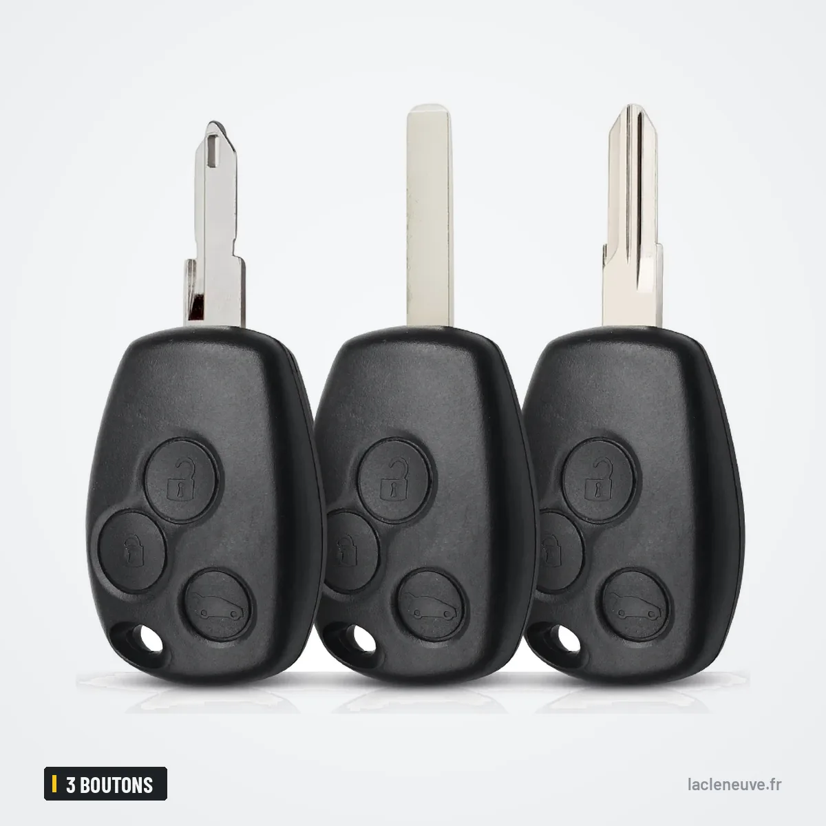 Coque de clé 3 boutons pour Renault Clio, Kangoo, Dacia Logan, Sandero - trois coques alignées avec lame Coque de clé 3 boutons pour Renault Clio, Kangoo, Dacia Logan, Sandero - trois coques alignées avec lame