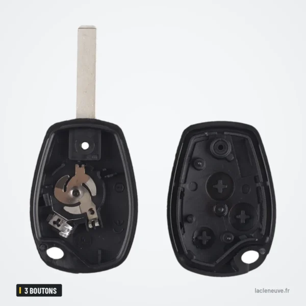 Coque de clé 3 boutons pour Renault Clio, Kangoo, Dacia Logan, Sandero - coque ouverte, mécanisme et boutons visibles