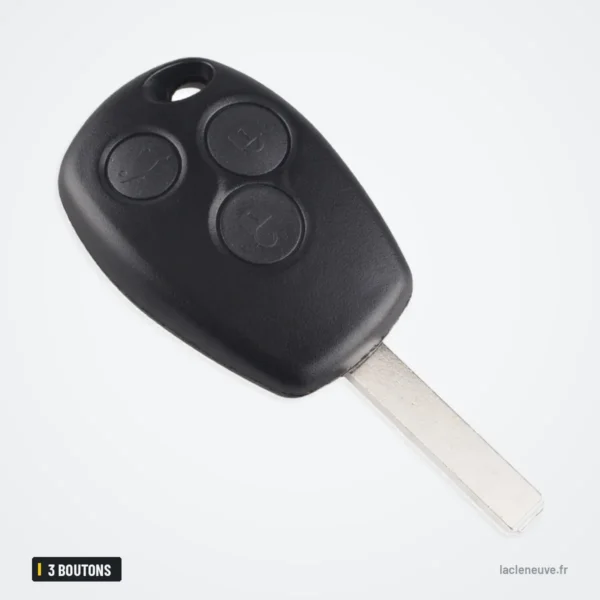 Coque de clé 3 boutons pour Renault Clio, Kangoo, Dacia Logan, Sandero - vue arrière inclinée, sans lame
