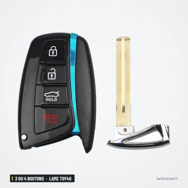 Coque de clé 3 ou 4 boutons pour Hyundai Santa Fe, Tucson, Elantra, lame TOY40 - vue de face avec lame dorée séparée